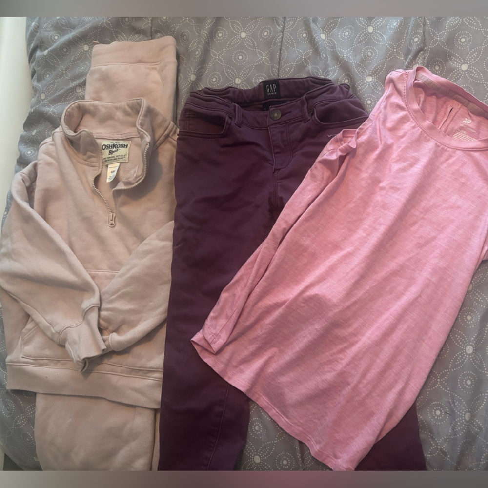 Girls size 8 bundle. Gap purple denim, All in Motion tank, OshKosh beige‎ set